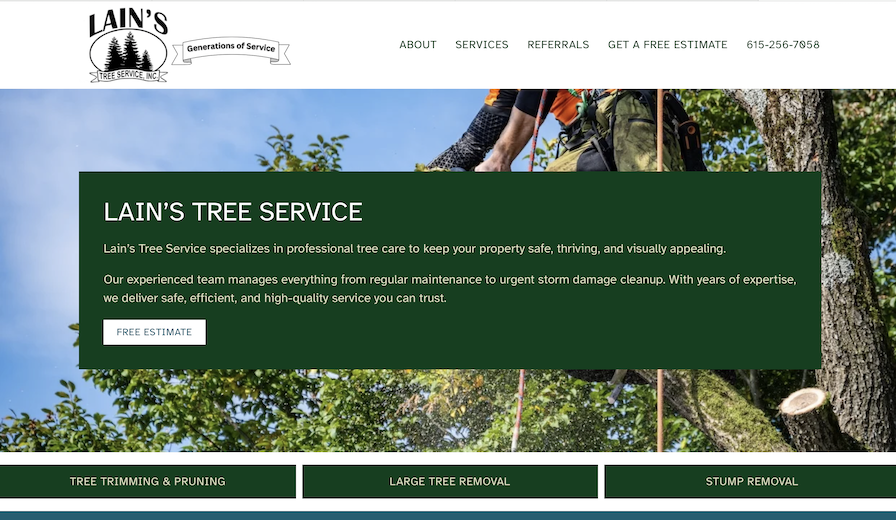 Image of Lain's Tree Service's new website home page.